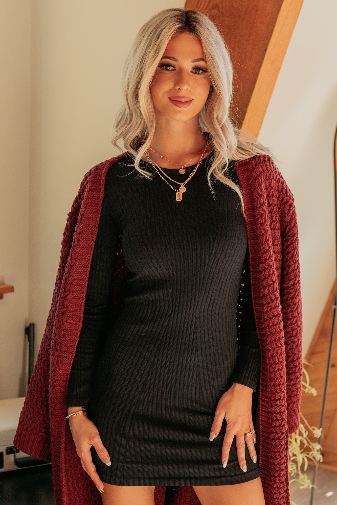 Still Dreaming Cable Knit Long Cardigan (Bordeaux) - NanaMacs