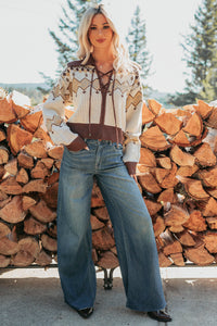 Don’t Overthink It Aztec Front Tie Sweater (Cream/Mix) - NanaMacs