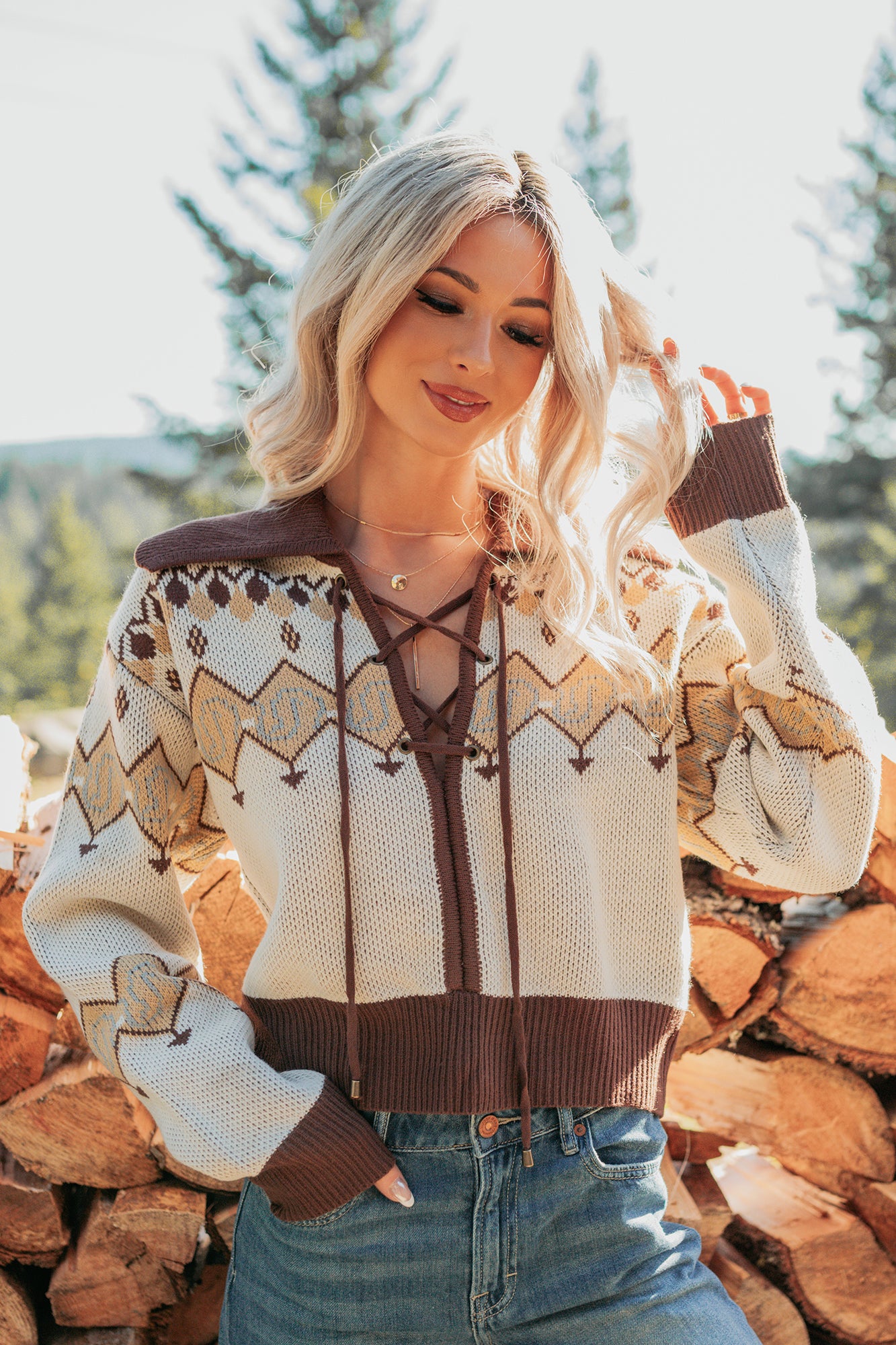 Don’t Overthink It Aztec Front Tie Sweater (Cream/Mix) - NanaMacs