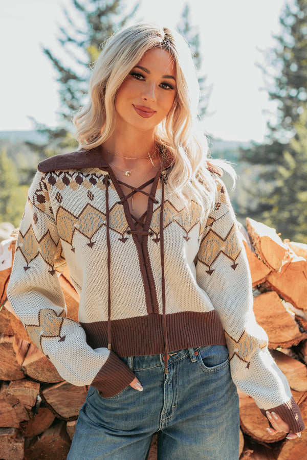 Don’t Overthink It Aztec Front Tie Sweater (Cream/Mix) - NanaMacs