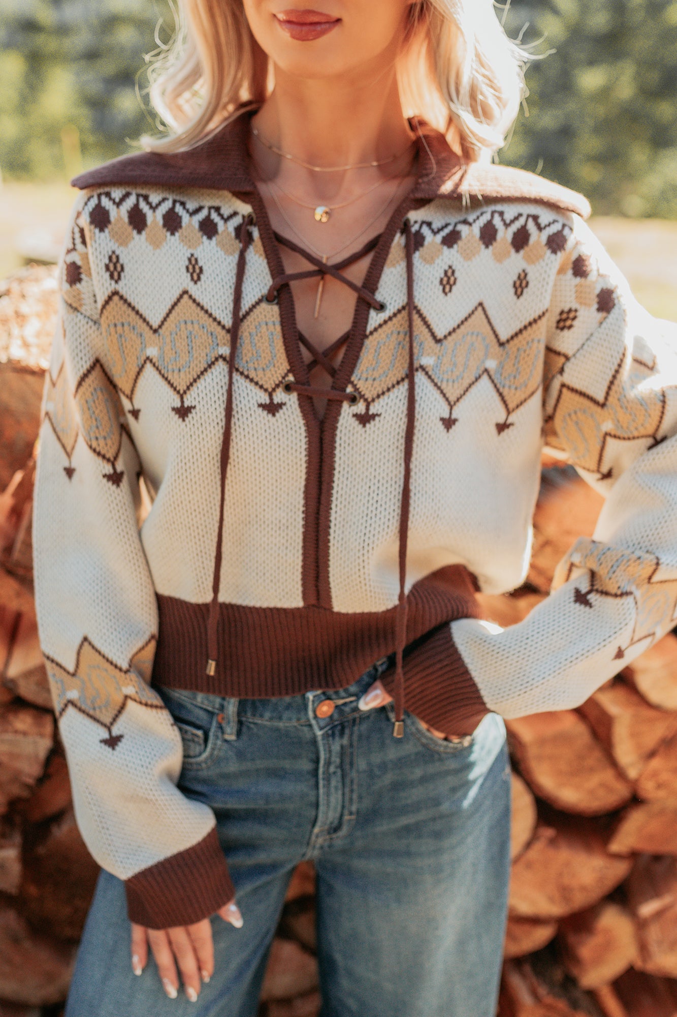 Don’t Overthink It Aztec Front Tie Sweater (Cream/Mix) - NanaMacs