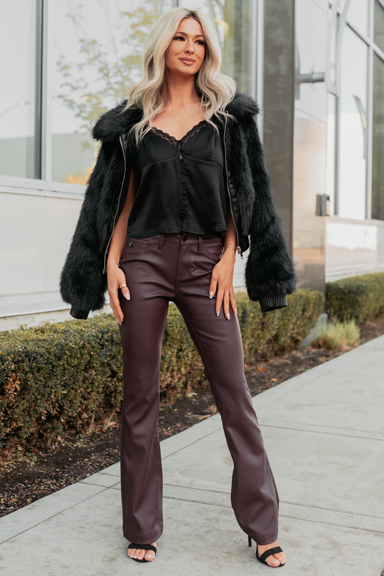 Paityn Faux Leather Boot-Cut Kancan Pants (Burgundy) - NanaMacs