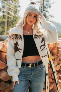 Cloud Haven Horse Print Knit Zip-Up Jacket (Oatmeal) - NanaMacs