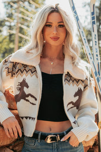 Cloud Haven Horse Print Knit Zip-Up Jacket (Oatmeal) - NanaMacs
