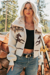 Cloud Haven Horse Print Knit Zip-Up Jacket (Oatmeal) - NanaMacs