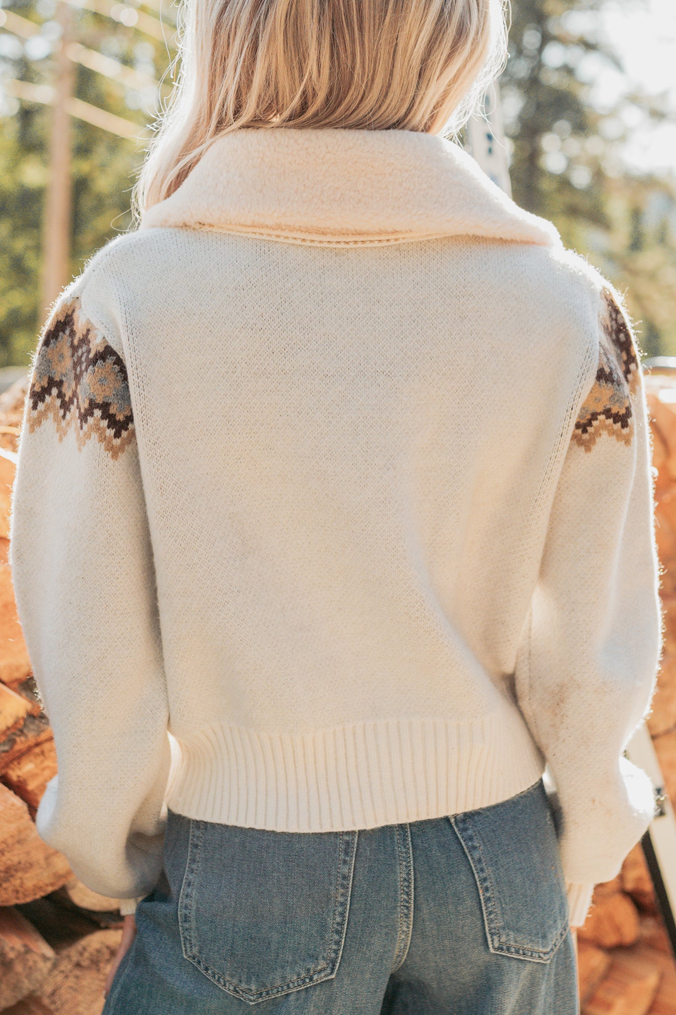 Cloud Haven Horse Print Knit Zip-Up Jacket (Oatmeal) - NanaMacs