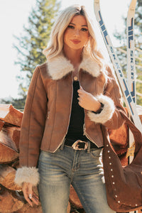 Tell Me More Faux Suede Fur Trim Jacket (Brown) - NanaMacs