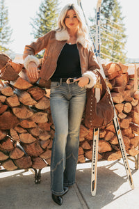 Tell Me More Faux Suede Fur Trim Jacket (Brown) - NanaMacs