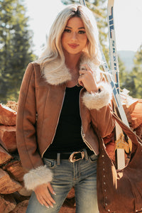 Tell Me More Faux Suede Fur Trim Jacket (Brown) - NanaMacs