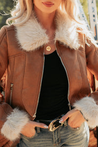 Tell Me More Faux Suede Fur Trim Jacket (Brown) - NanaMacs