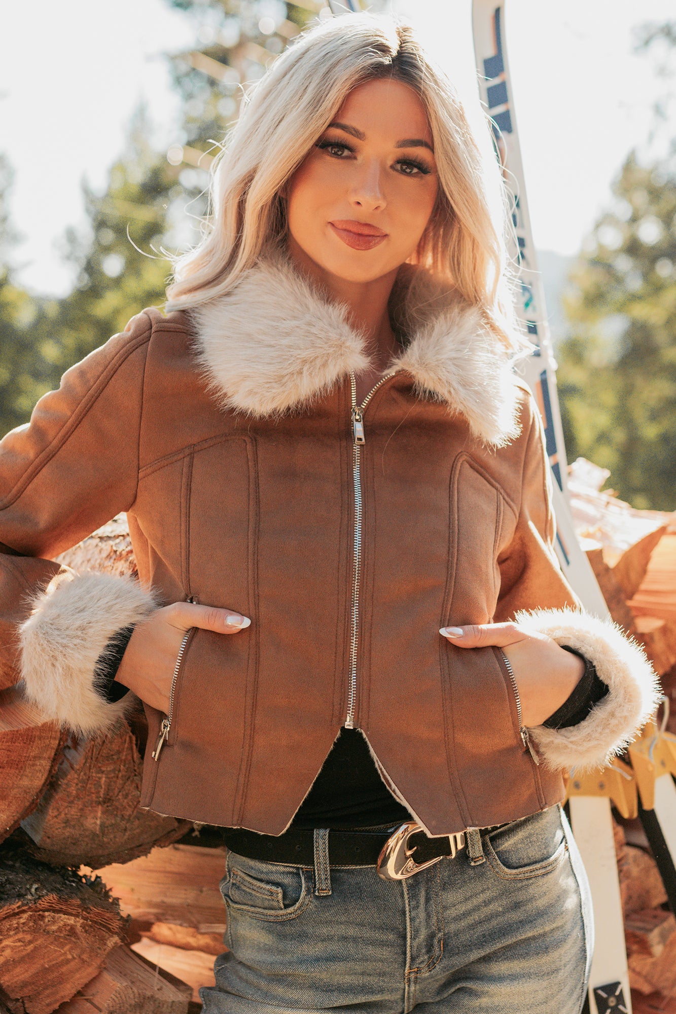 Tell Me More Faux Suede Fur Trim Jacket (Brown) - NanaMacs