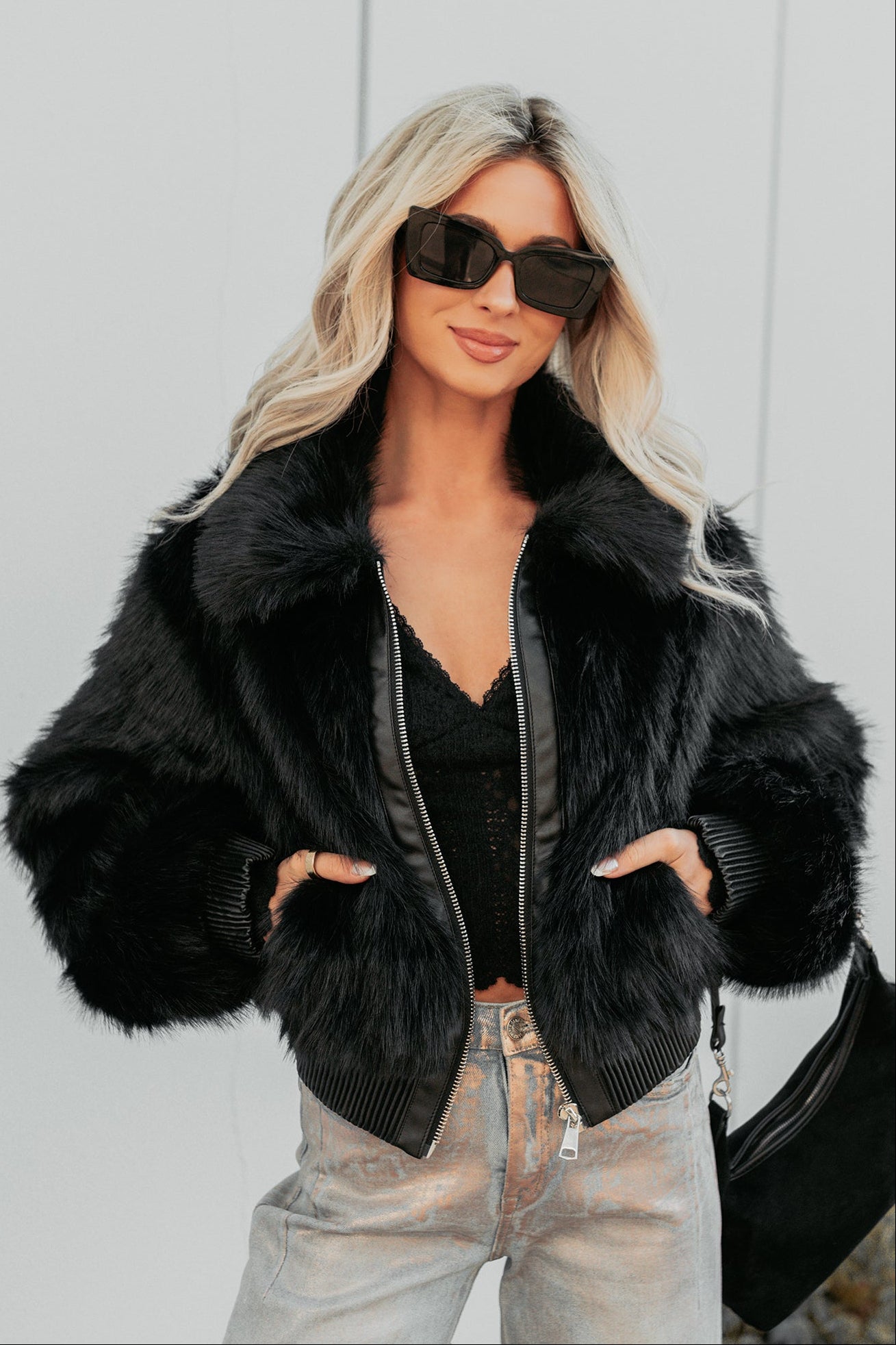 No Comparisons Faux Fur Plush Zip-Up Jacket (Black) - NanaMacs