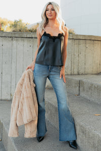 Regal Chic Sleeveless Faux Leather Lace Trim Top (Black) - NanaMacs