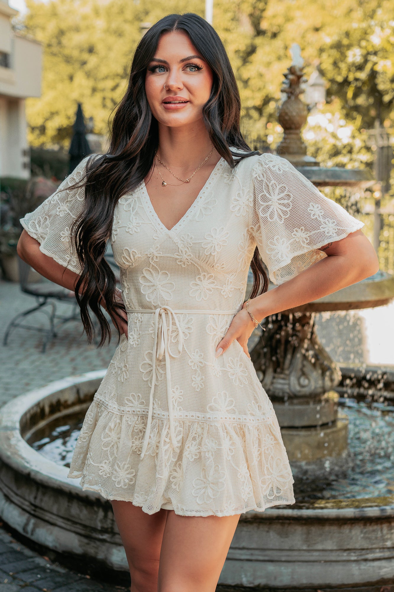 Women's Feeling Charming V Neck Floral Mini Dress in Cream