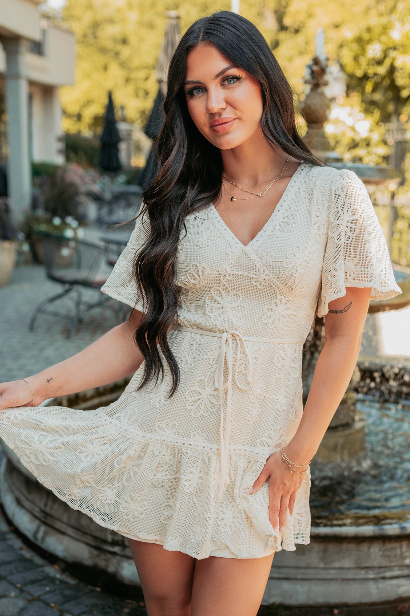 Women's Feeling Charming V Neck Floral Mini Dress in Cream - Size S Women's Feeling Charming V Neck Floral Mini Dress in Cream - Size S