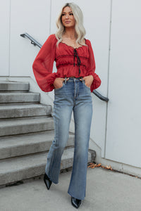 Cute With It Sweetheart Neck Bow Detail Top (Red Wine) - NanaMacs