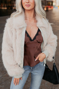 No Comparisons Faux Fur Plush Zip-Up Jacket (Taupe) - NanaMacs