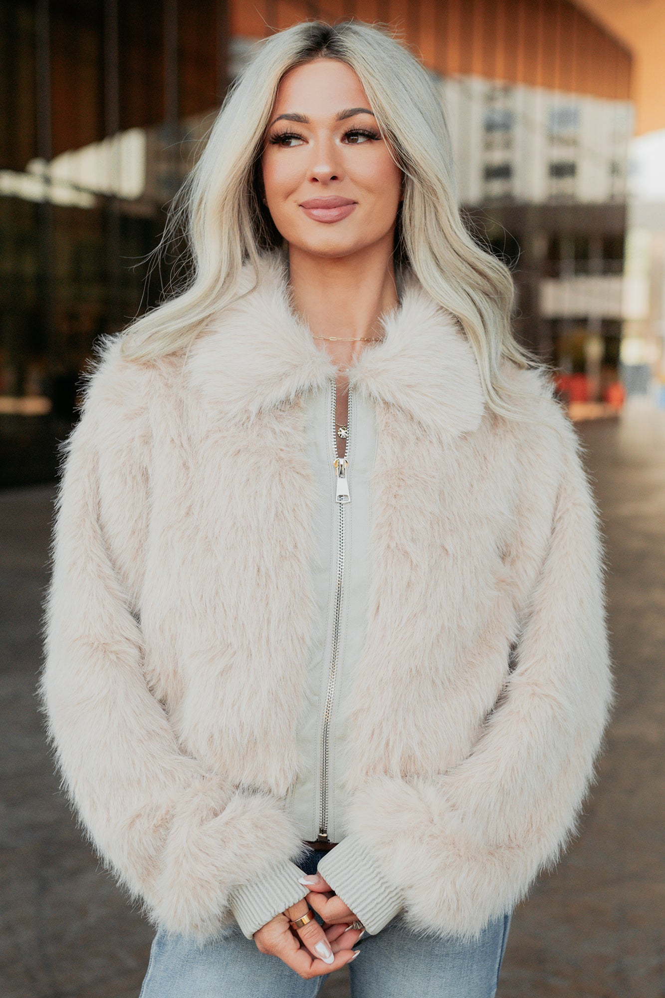 No Comparisons Faux Fur Plush Zip-Up Jacket (Taupe) - NanaMacs