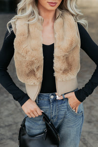 Needing You Near Faux Fur Zip-Up Vest (Khaki) - NanaMacs