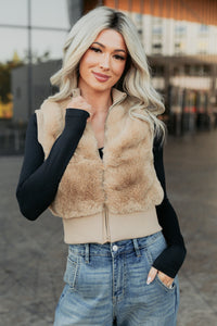Needing You Near Faux Fur Zip-Up Vest (Khaki) - NanaMacs