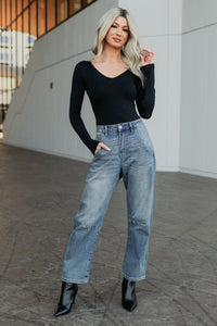 Everyday Lovely V Neck Long Sleeve Bodysuit (Black) - NanaMacs