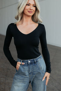 Everyday Lovely V Neck Long Sleeve Bodysuit (Black) - NanaMacs