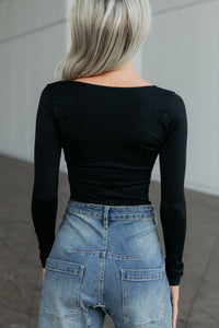 Everyday Lovely V Neck Long Sleeve Bodysuit (Black) - NanaMacs