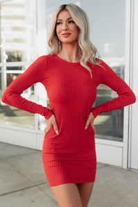Elegant Edge Long Sleeve Ribbed Mini Dress (Scarlet) - NanaMacs
