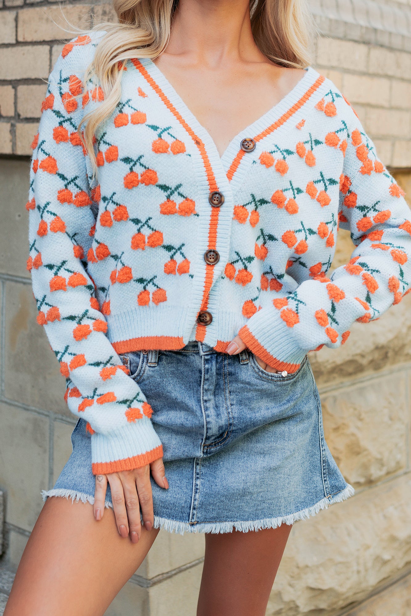 Vibrant Life Cherry Knit Cardigan (Light Blue/Orange) · NanaMacs