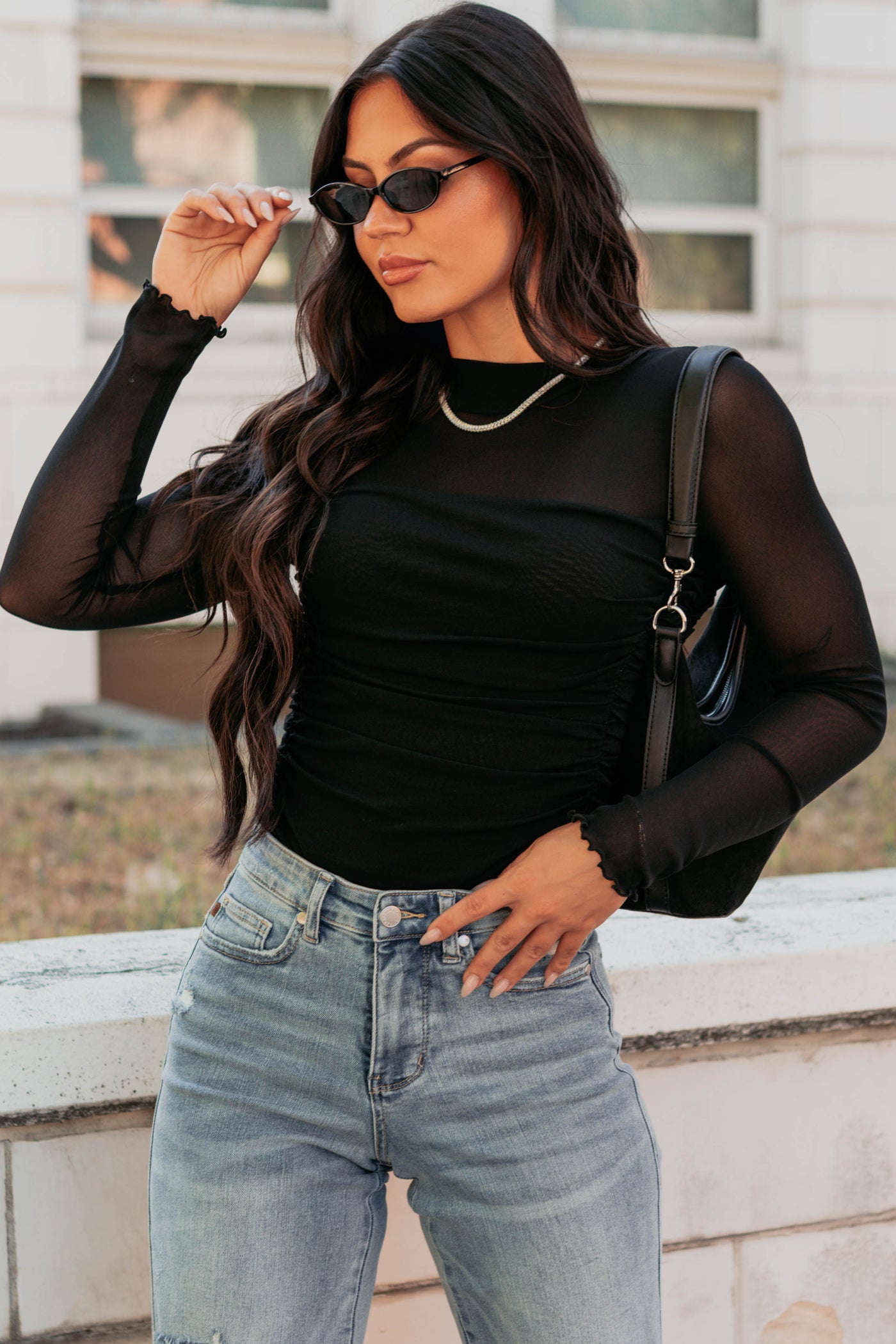 Ruthie Ruched Mesh Bodysuit (Black) · NanaMacs