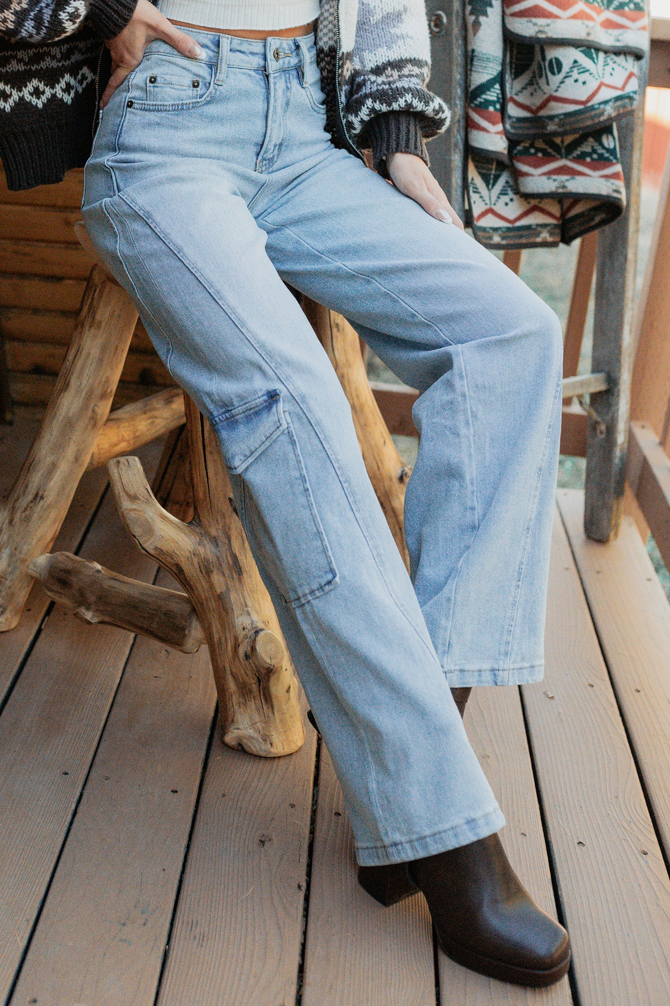 Crosby Wide Leg Mica Denim Cargo Jeans (Light Wash) - NanaMacs