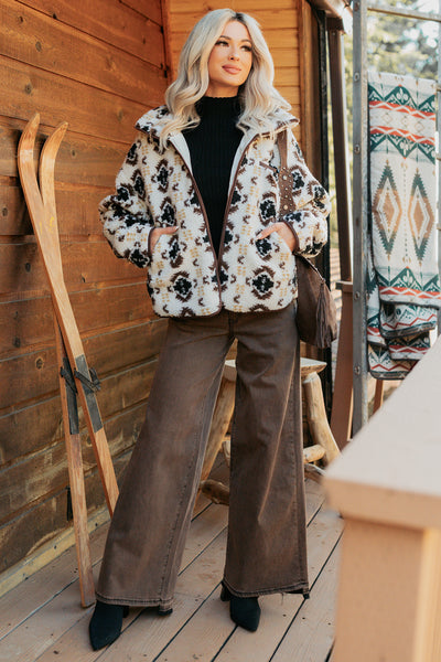 Winter Muse Geometric Print Sherpa Jacket (Cream) - NanaMacs