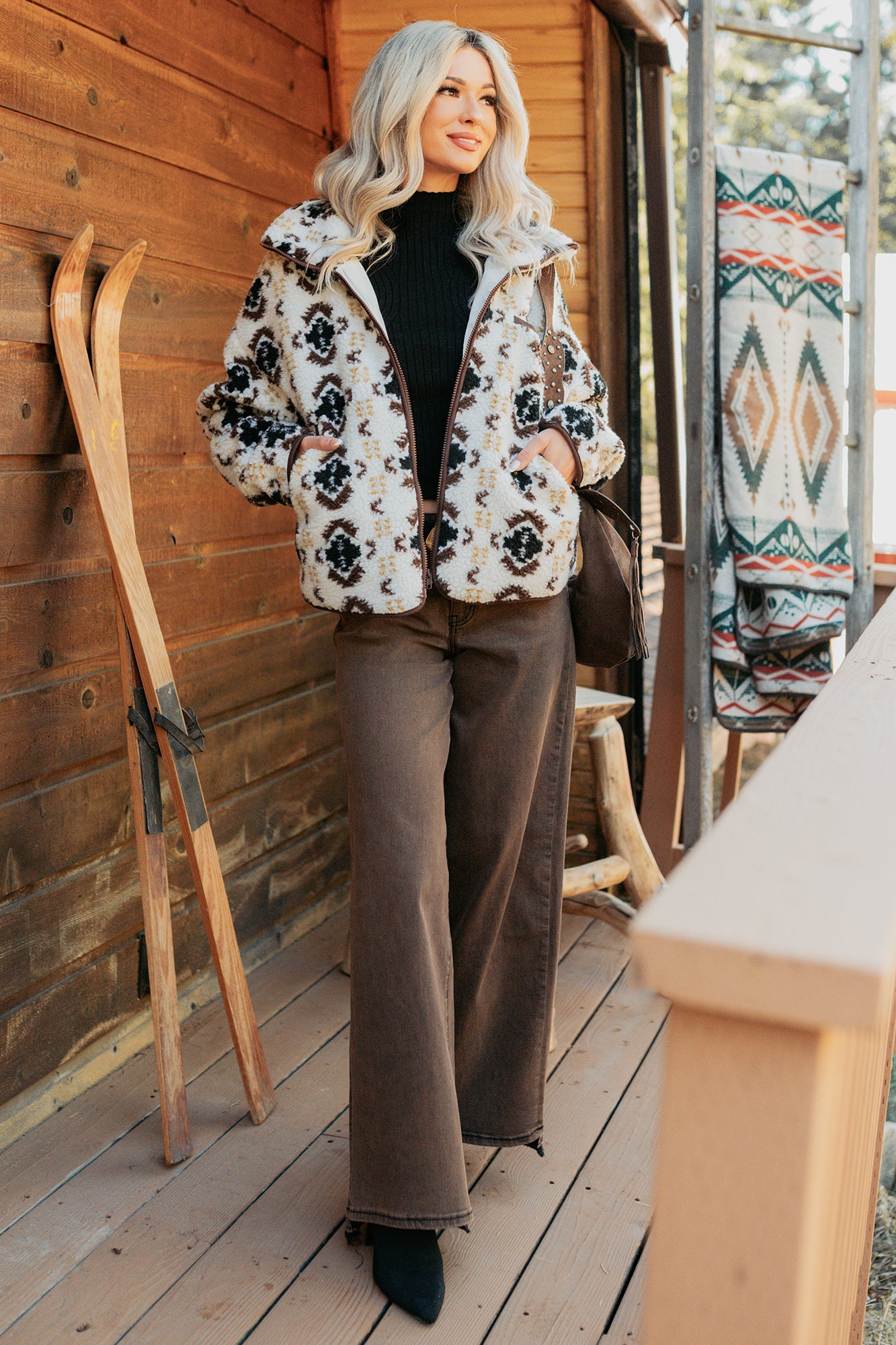 Winter Muse Geometric Print Sherpa Jacket (Cream) - NanaMacs