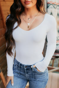 Everyday Lovely V Neck Long Sleeve Bodysuit (White) - NanaMacs