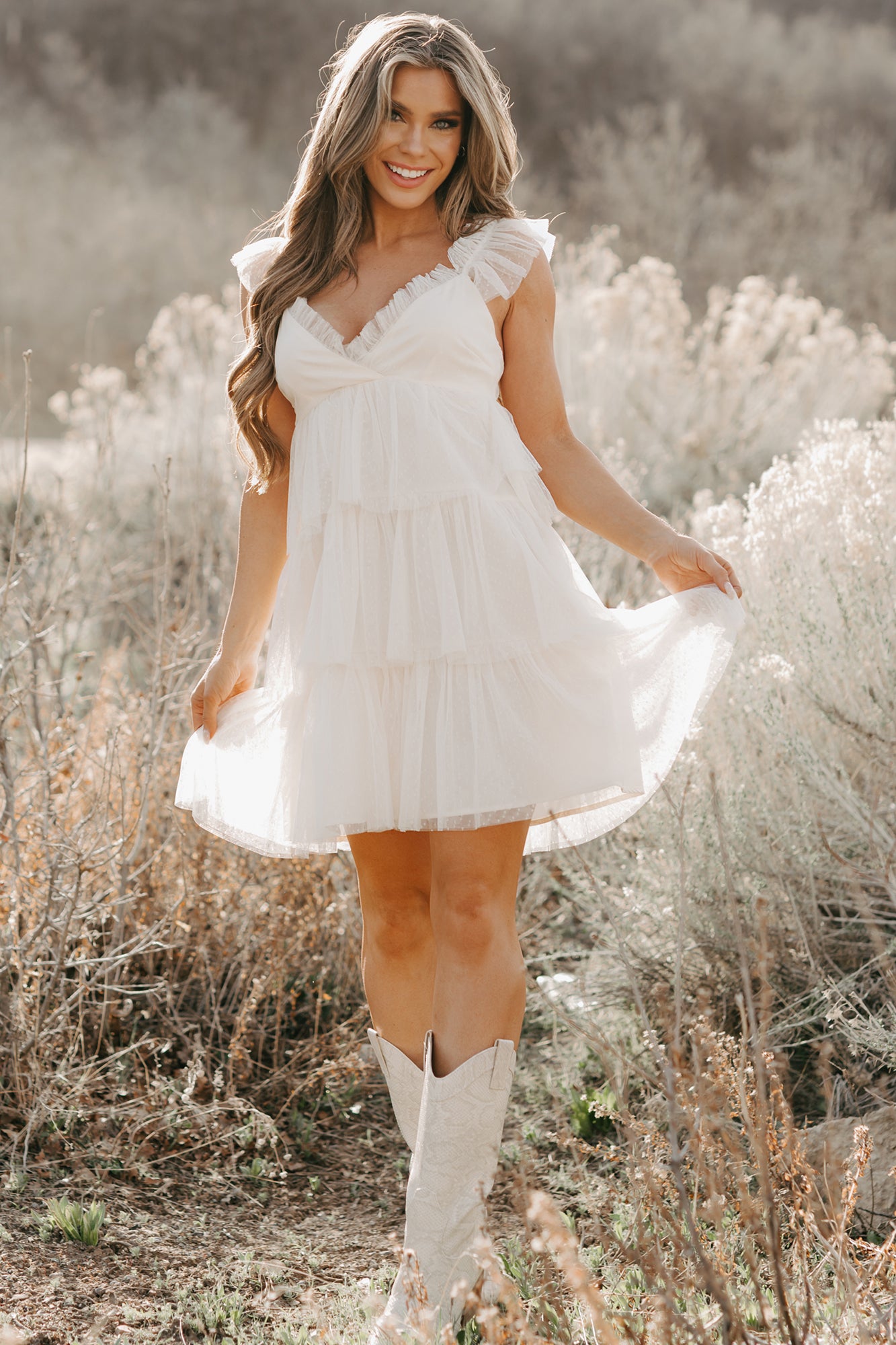 Dancing Flowers Tiered Mesh Mini Dress (Ivory) · NanaMacs