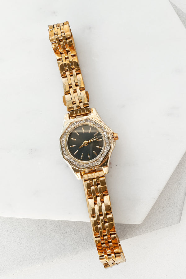 True Glamour Pave Trim Octagonal Watch (Gold/Black)