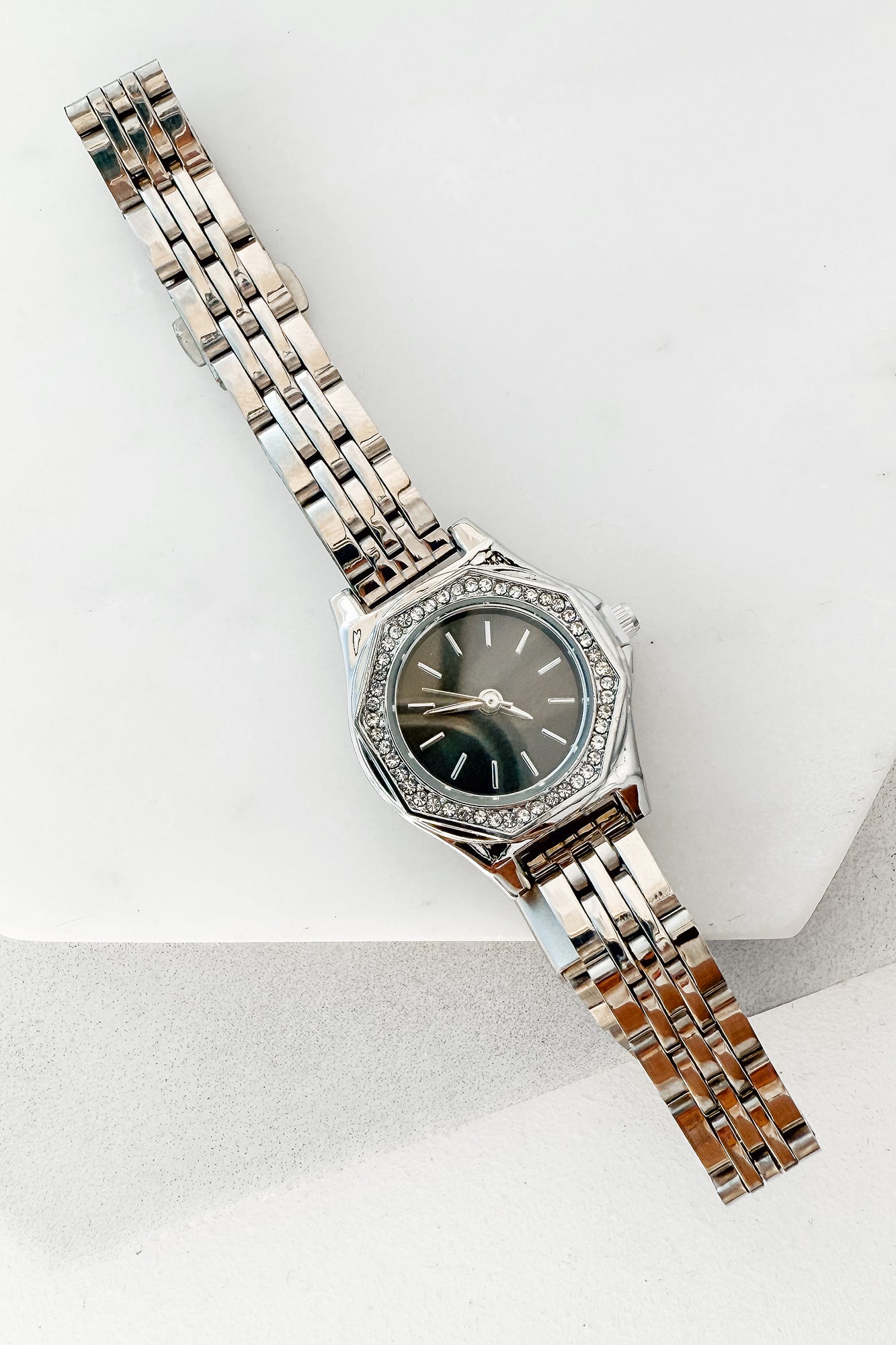 True Glamour Pave Trim Octagonal Watch (Silver/Black) - NanaMacs