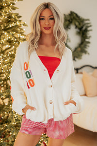 "Ho Ho Ho" Mello Christmas Patch Cardigan (Ivory) - NanaMacs