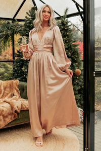 Women's Pure Glamour Long Sleeve Satin Maxi Dress in Gold - Size L Women's Pure Glamour Long Sleeve Satin Maxi Dress in Gold - Size L