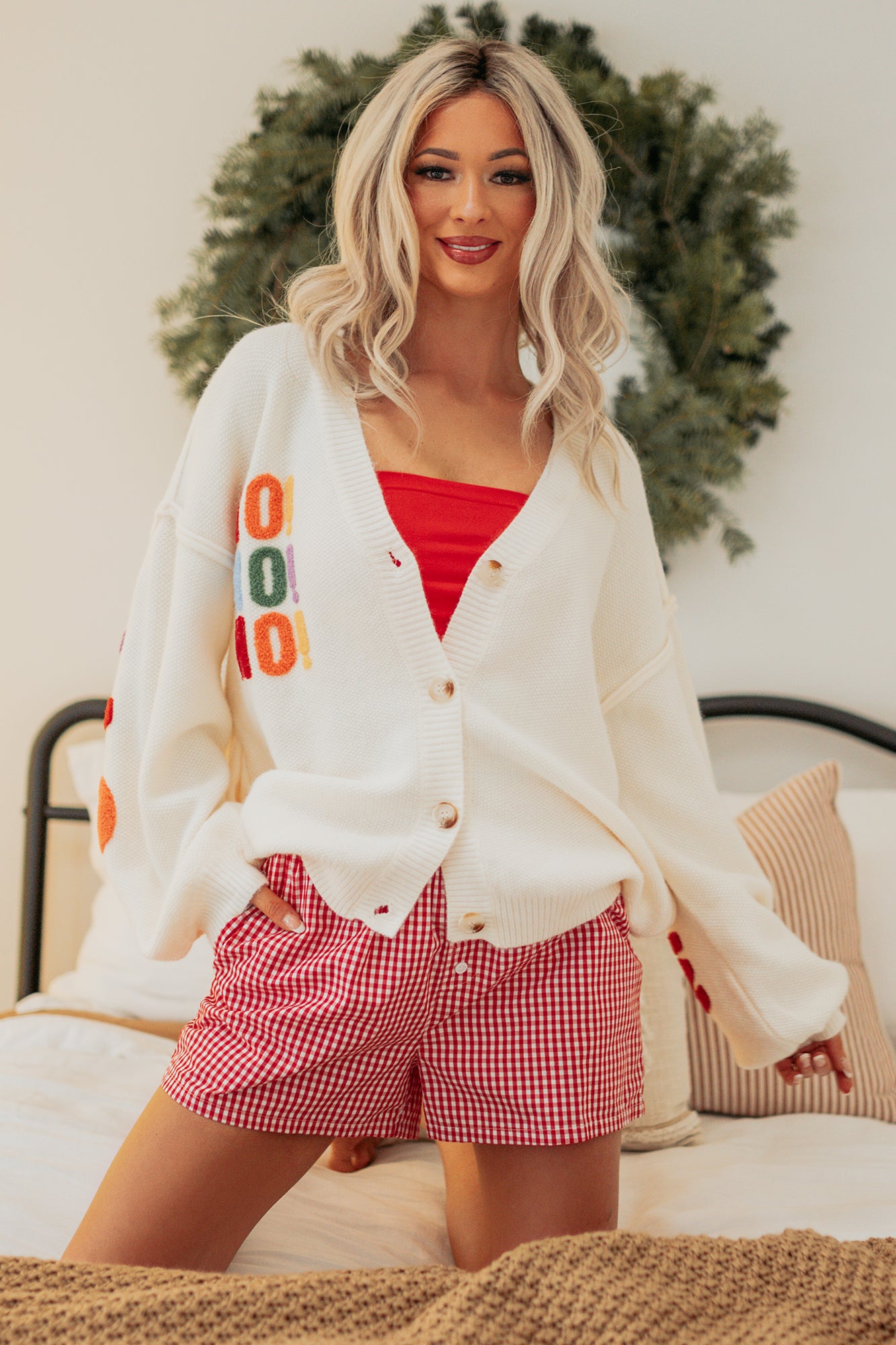 "Ho Ho Ho" Mello Christmas Patch Cardigan (Ivory) - NanaMacs