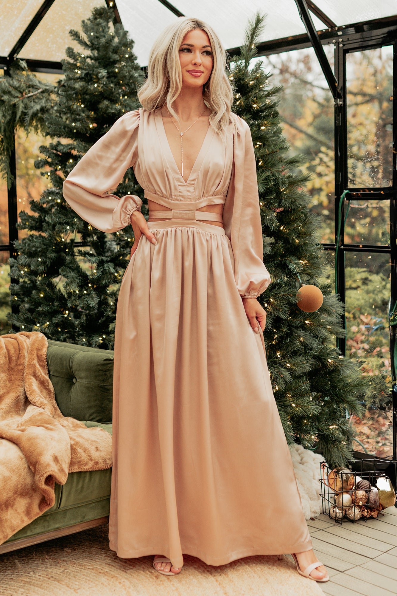 Pure Glamour Long Sleeve Satin Maxi Dress (Gold) - NanaMacs