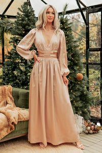 Pure Glamour Long Sleeve Satin Maxi Dress (Gold) - NanaMacs