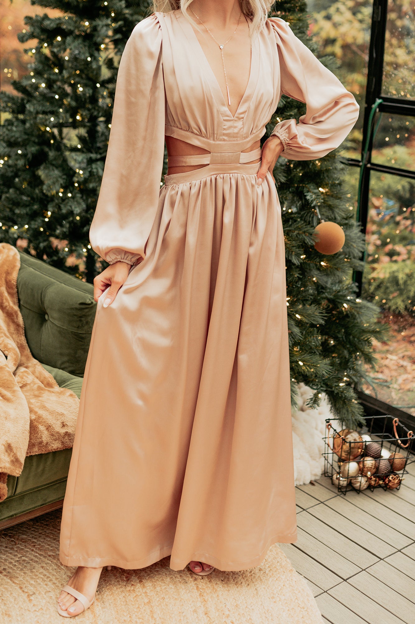 Pure Glamour Long Sleeve Satin Maxi Dress (Gold) - NanaMacs