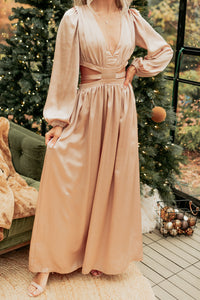 Pure Glamour Long Sleeve Satin Maxi Dress (Gold) - NanaMacs