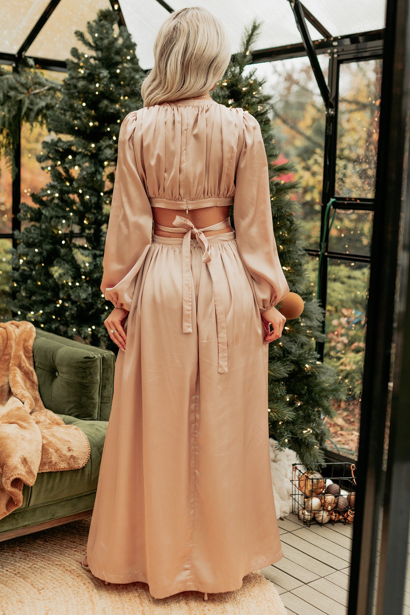 Pure Glamour Long Sleeve Satin Maxi Dress (Gold) - NanaMacs