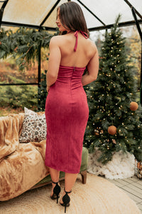 Icon Moment Faux Suede Halter Midi Dress (Port) - NanaMacs