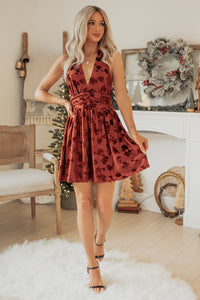 Effortless Reign Halter Floral Mini Dress (Rust)