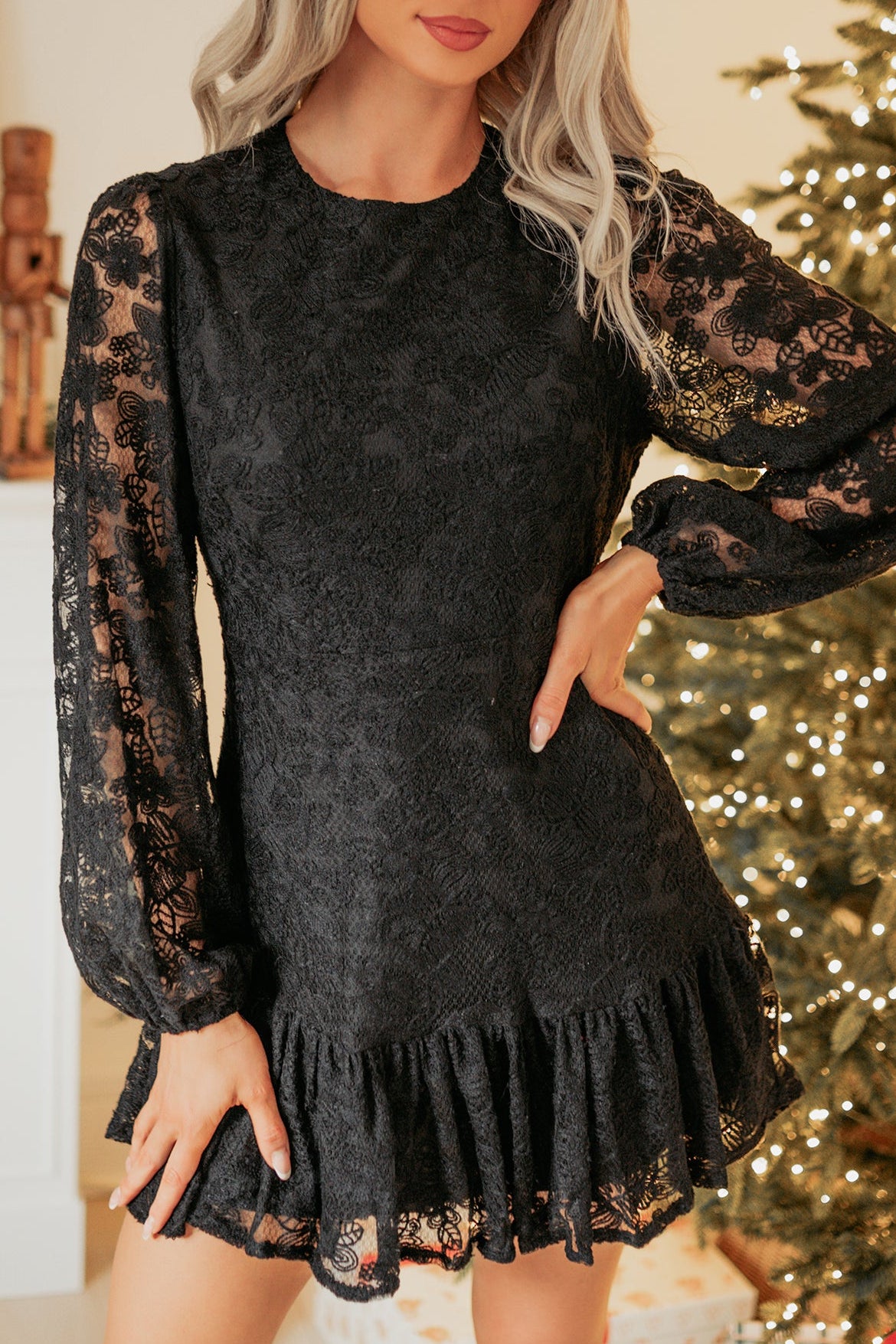 Fearless Flirt Long Sleeve Lace Mini Dress (Black) - NanaMacs