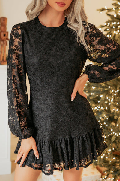 Fearless Flirt Long Sleeve Lace Mini Dress (Black)