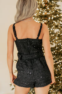 Festive Feelings Sequin Tweed Romper (Black) - NanaMacs